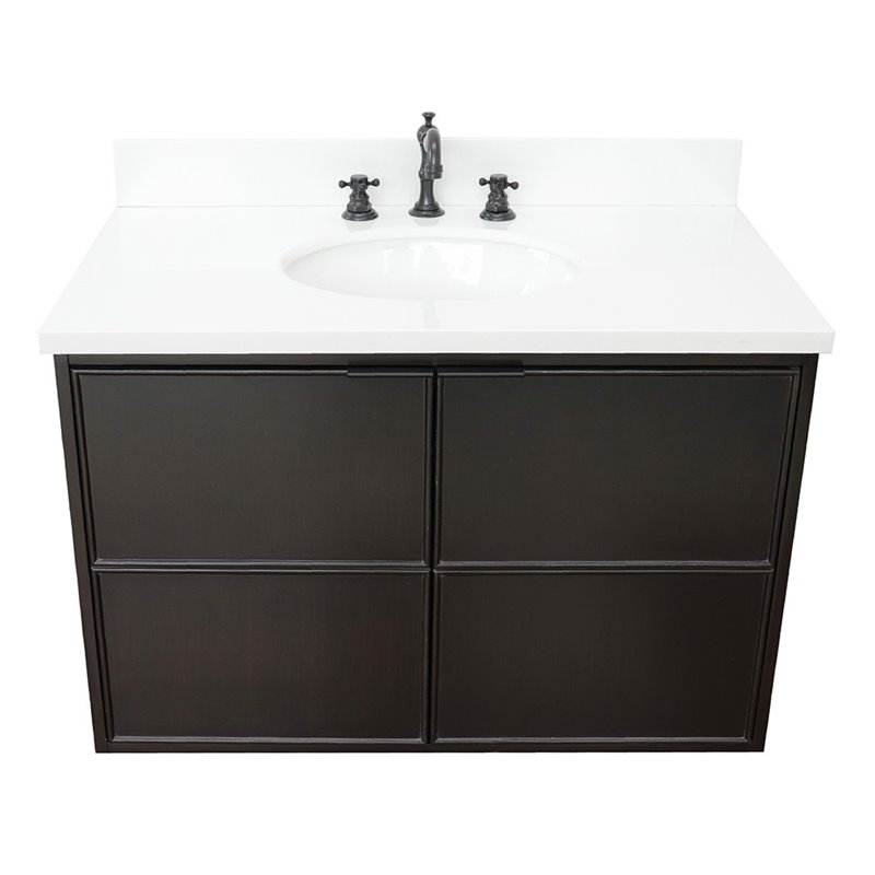 Scandi Wall Mount Oval Sink Vanity in Cappuccino/White Quartz Stone