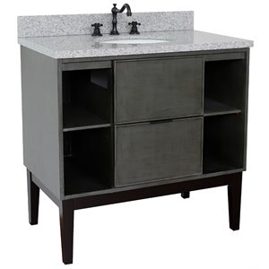 scandi oval sink solid wood vanity with gray granite stone top in linen gray