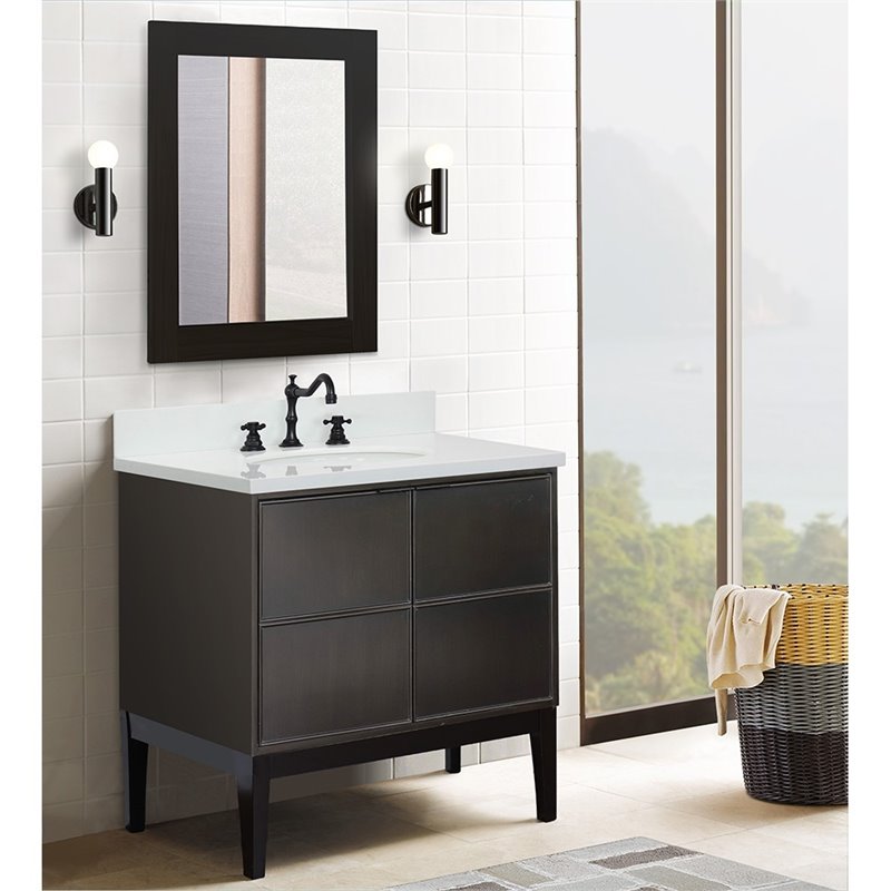 Scandi Oval Sink Solid Wood Vanity with White Quartz Stone Top in Cappuccino