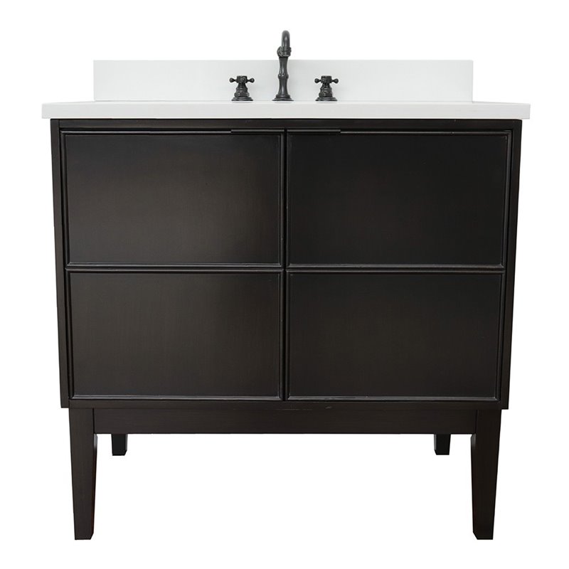 Scandi Oval Sink Solid Wood Vanity with White Quartz Stone Top in Cappuccino