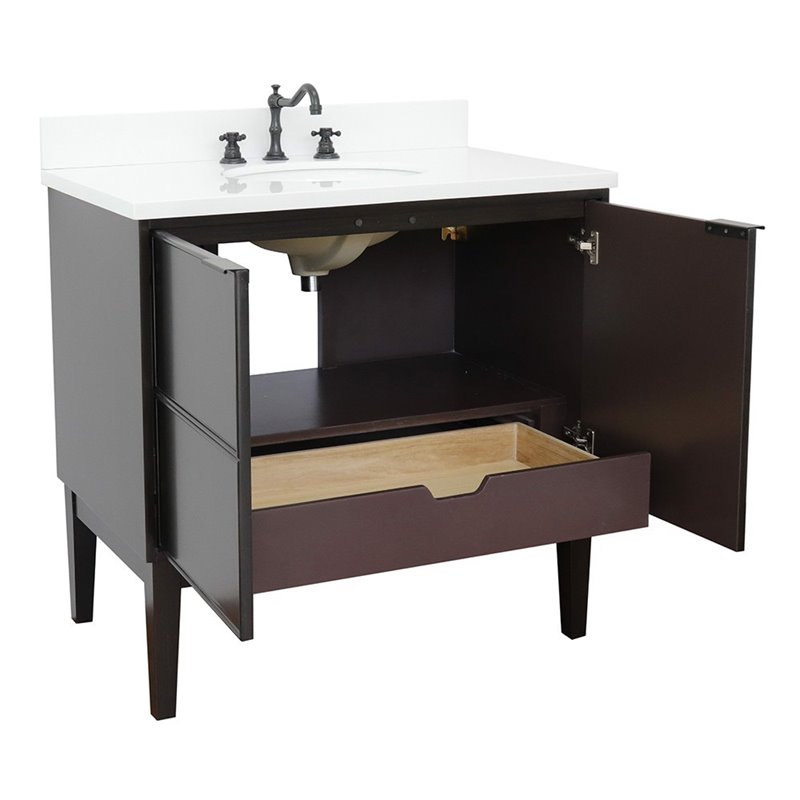 Scandi Oval Sink Solid Wood Vanity with White Quartz Stone Top in Cappuccino