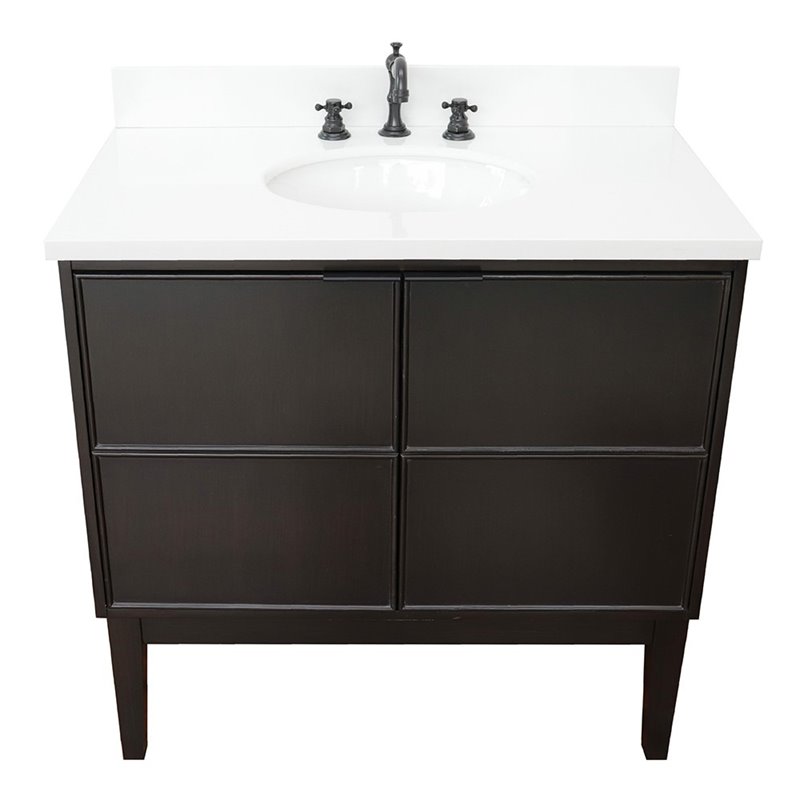 Scandi Oval Sink Solid Wood Vanity with White Quartz Stone Top in Cappuccino