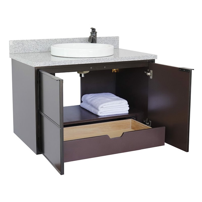 Scandi Wall Mount Round Sink Vanity in Cappuccino/Gray Granite Stone