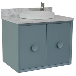 Stora Wall Mount Round Sink Solid Wood Vanity with White Top in Blue
