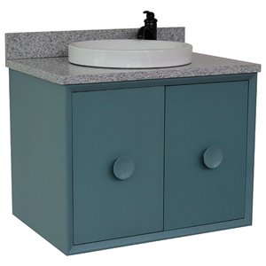 stora wall mount round sink vanity with gray granite stone top in blue