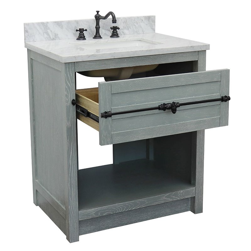 Plantation Solid Wood Rectangle Sink Vanity with White Carrara Top in Ash