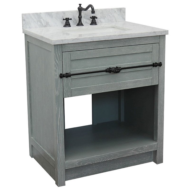 Plantation Solid Wood Rectangle Sink Vanity with White Carrara Top in Ash