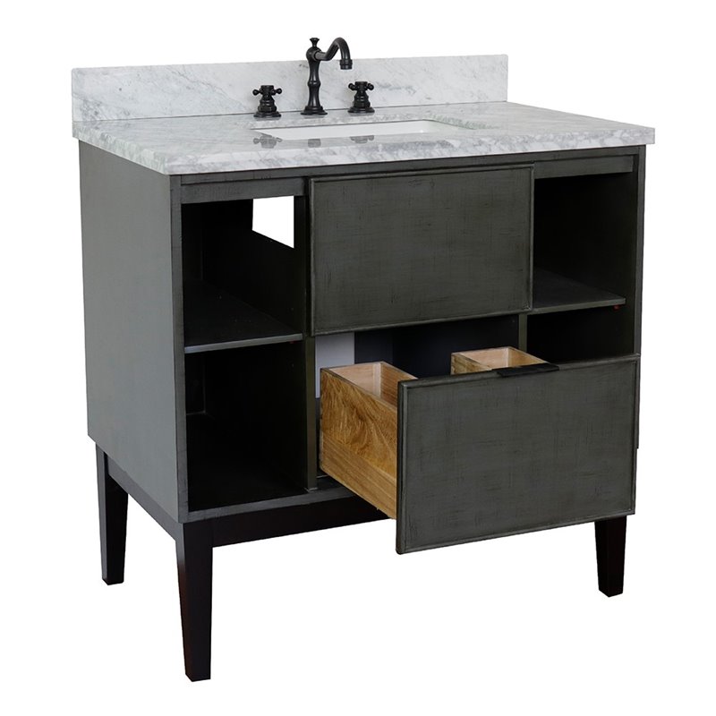 Scandi Solid Wood Single Rectangle Sink Vanity in Linen Gray/White Carrara