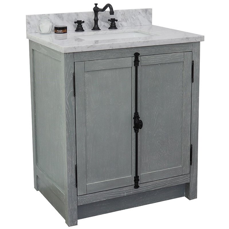 Plantation Rectangle Sink Solid Wood Vanity in Gray Ash/White Carrara