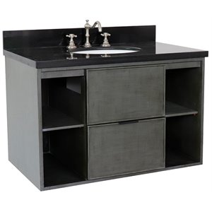 Scandi Solid Wood Single Wall Mount Oval Sink Vanity in Linen Gray/Black