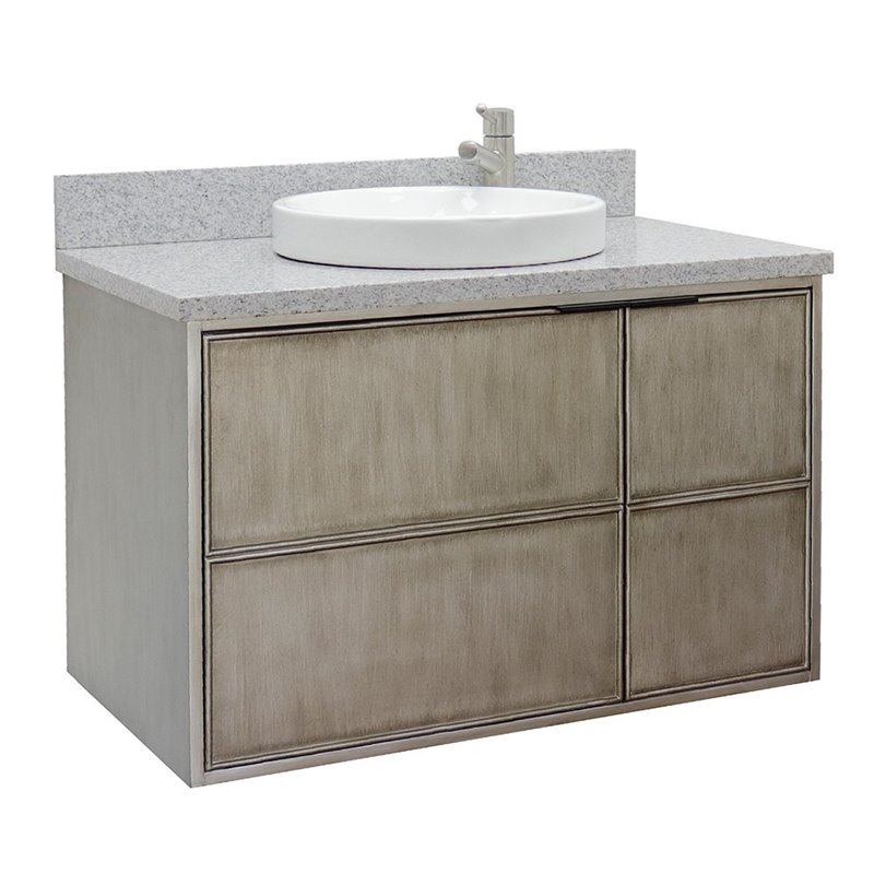 Scandi Wall Mount Round Sink Solid Wood Vanity in Linen Brown/Gray
