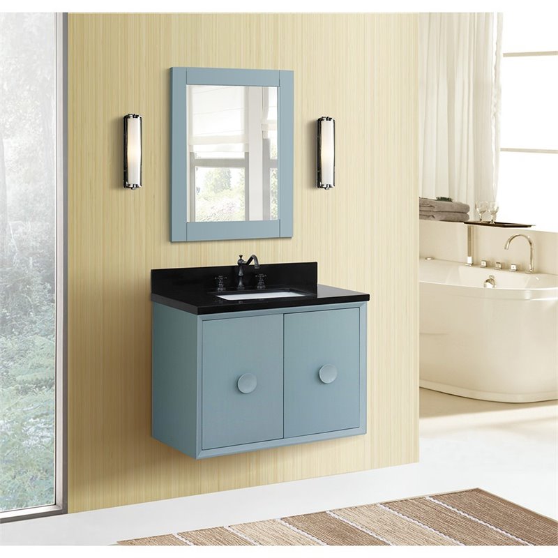 Stora Solid Wood Wall Mount Rectangle Sink Vanity with Black Top in Blue