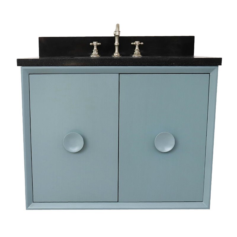 Stora Solid Wood Wall Mount Rectangle Sink Vanity with Black Top in Blue
