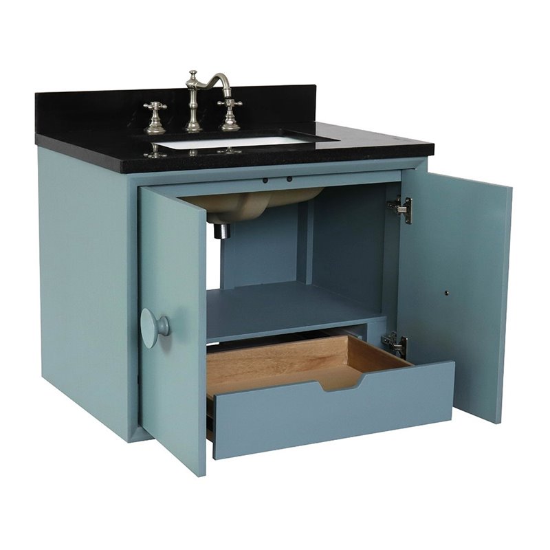 Stora Solid Wood Wall Mount Rectangle Sink Vanity with Black Top in Blue