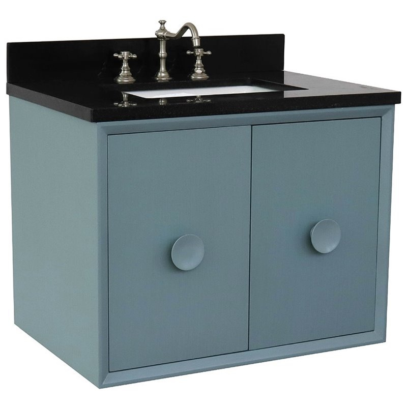 Stora Solid Wood Wall Mount Rectangle Sink Vanity with Black Top in Blue