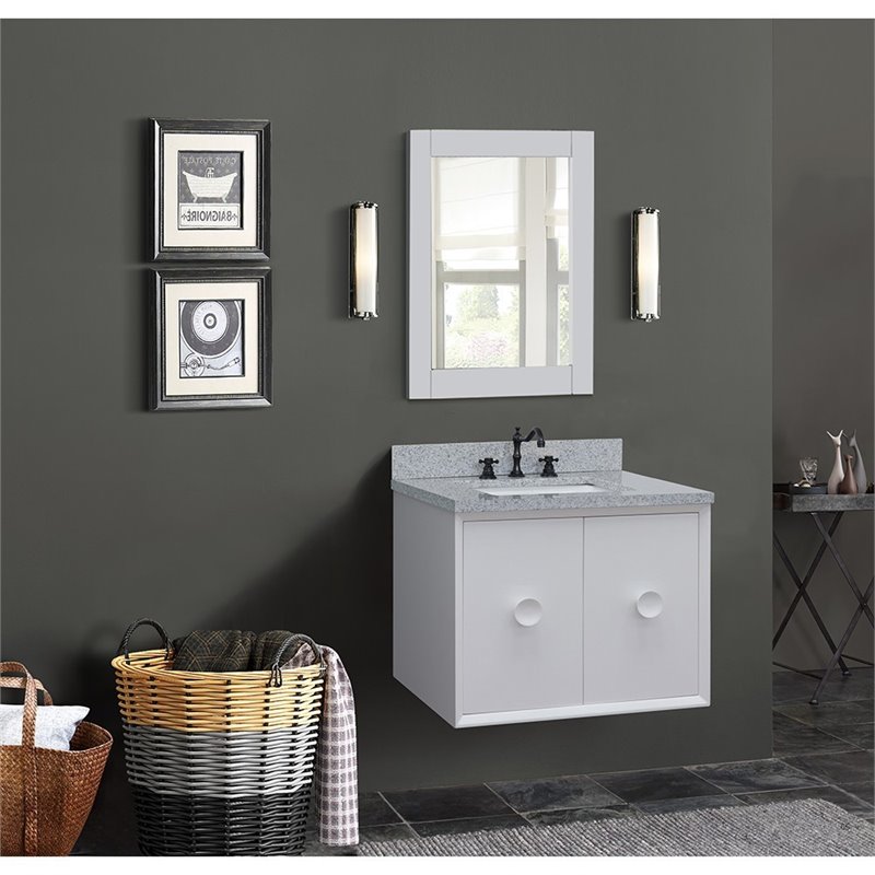 Stora Solid Wood Wall Mount Rectangle Sink Vanity with Gray Top in White