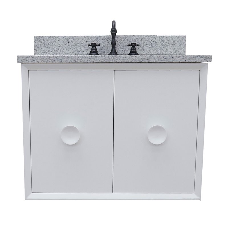 Stora Solid Wood Wall Mount Rectangle Sink Vanity with Gray Top in White