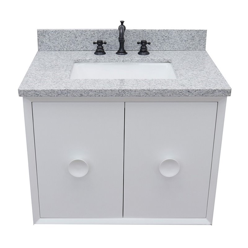 Stora Solid Wood Wall Mount Rectangle Sink Vanity with Gray Top in White