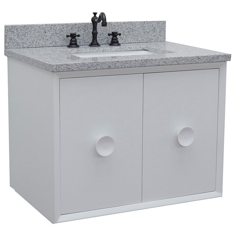 Stora Solid Wood Wall Mount Rectangle Sink Vanity with Gray Top in White