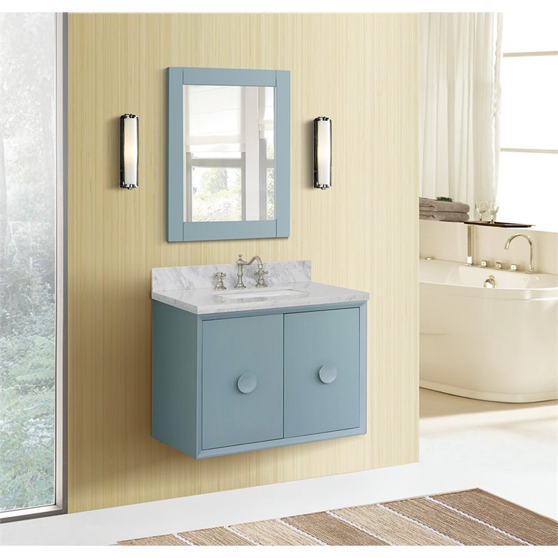 Stora Solid Wood Wall Mount Rectangle Sink Vanity with White Top in Blue