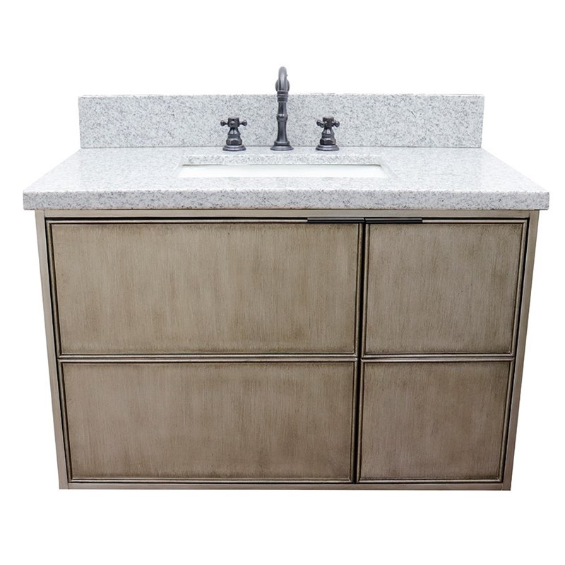 Scandi Solid Wood Wall Mount Rectangle Sink Vanity with Gray Top in Brown