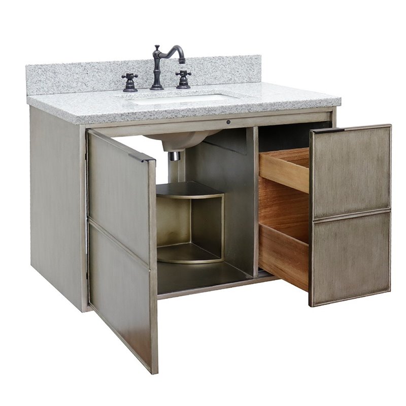 Scandi Solid Wood Wall Mount Rectangle Sink Vanity with Gray Top in Brown
