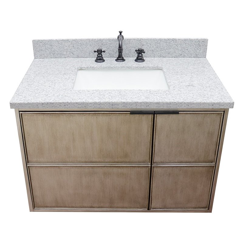 Scandi Solid Wood Wall Mount Rectangle Sink Vanity with Gray Top in Brown