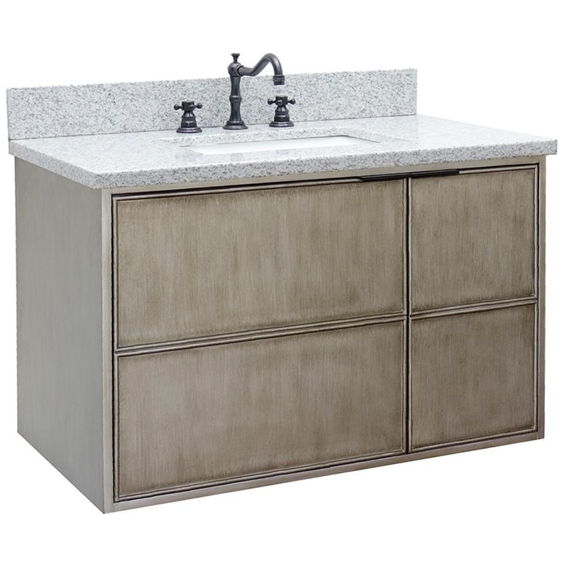 Scandi Solid Wood Wall Mount Rectangle Sink Vanity with Gray Top in Brown