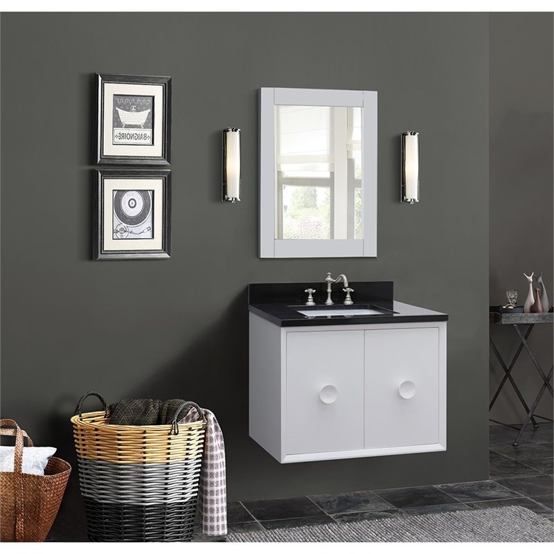 Stora Solid Wood Wall Mount Rectangle Sink Vanity with Black Top in White