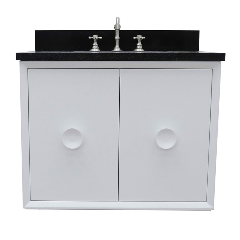 Stora Solid Wood Wall Mount Rectangle Sink Vanity with Black Top in White
