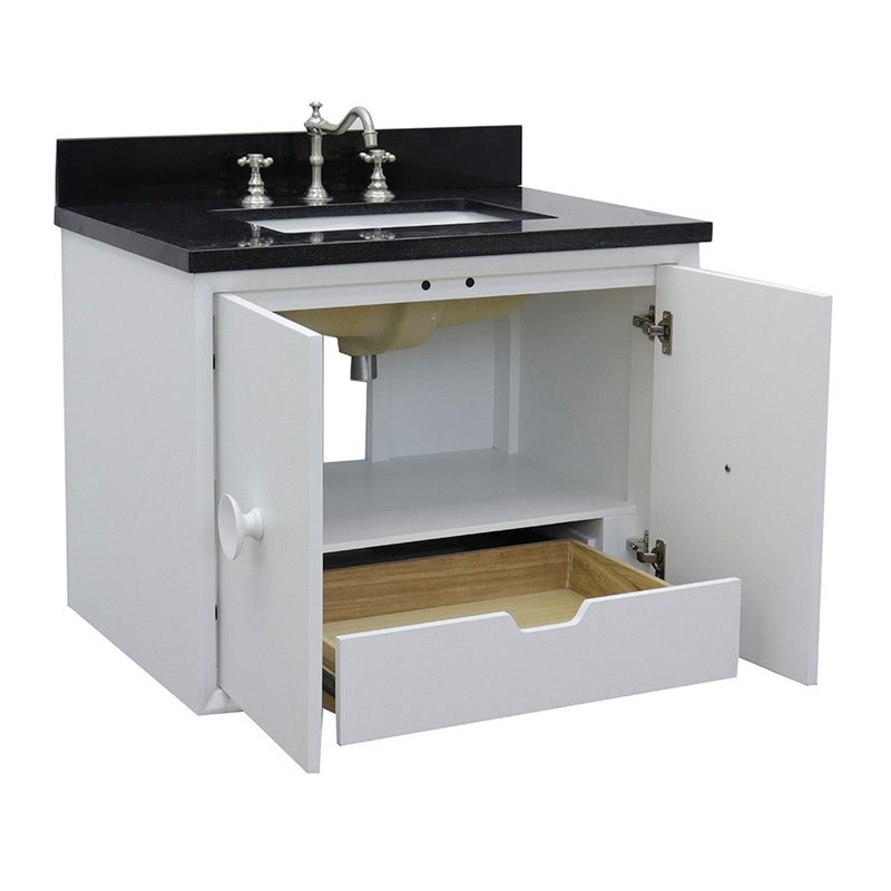 Stora Solid Wood Wall Mount Rectangle Sink Vanity with Black Top in White