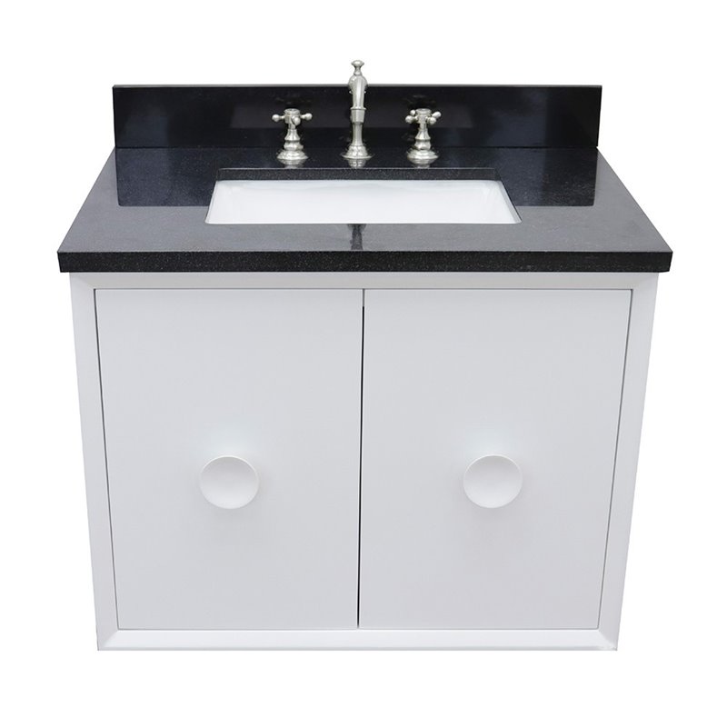 Stora Solid Wood Wall Mount Rectangle Sink Vanity with Black Top in White