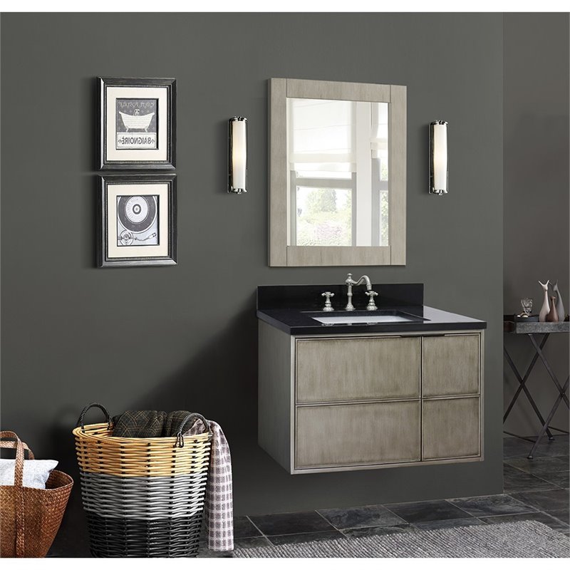 Scandi Solid Wood Wall Mount Rectangle Sink Vanity with Black Top in Brown