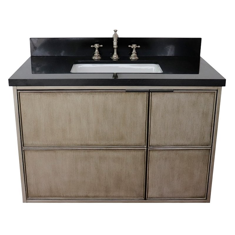 Scandi Solid Wood Wall Mount Rectangle Sink Vanity with Black Top in Brown
