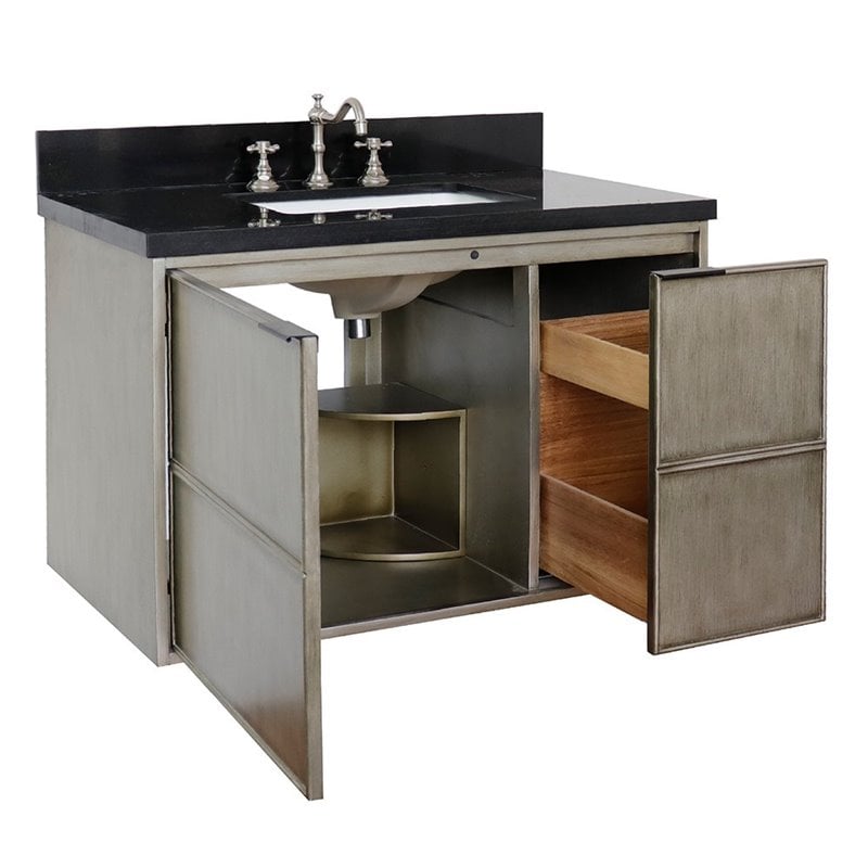 Scandi Solid Wood Wall Mount Rectangle Sink Vanity with Black Top in Brown