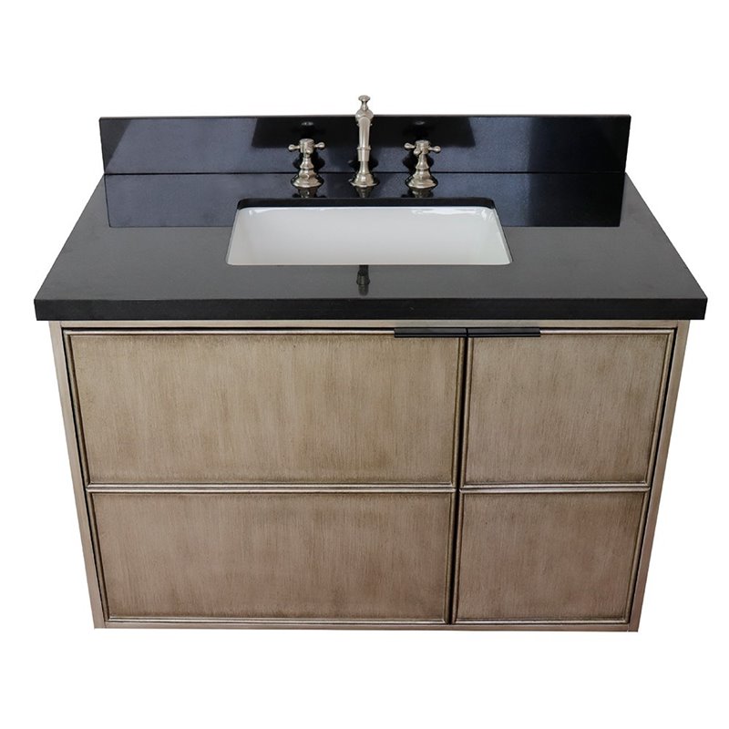 Scandi Solid Wood Wall Mount Rectangle Sink Vanity with Black Top in Brown