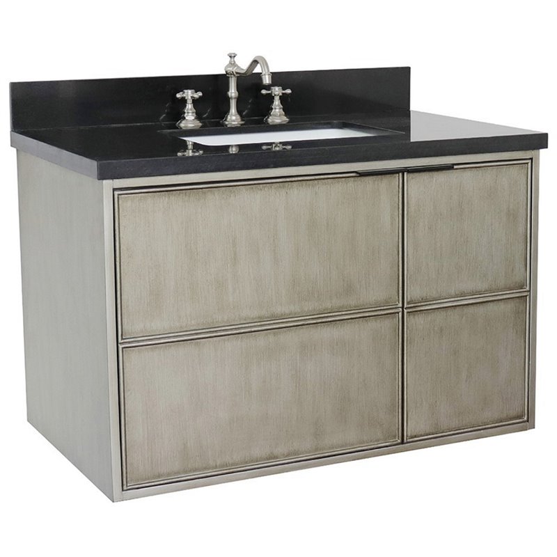 Scandi Solid Wood Wall Mount Rectangle Sink Vanity with Black Top in Brown