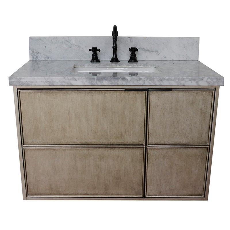 Scandi Solid Wood Wall Mount Rectangle Sink Vanity with White Top in Brown