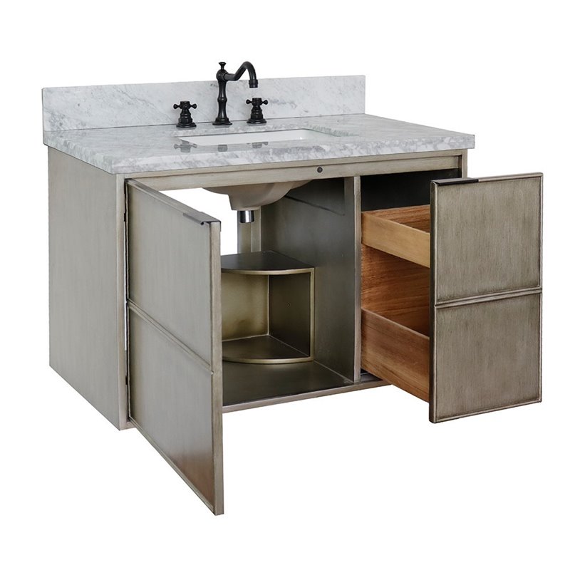 Scandi Solid Wood Wall Mount Rectangle Sink Vanity with White Top in Brown