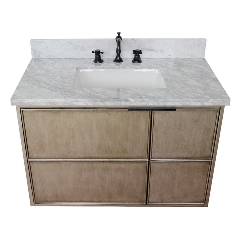 Scandi Solid Wood Wall Mount Rectangle Sink Vanity with White Top in Brown