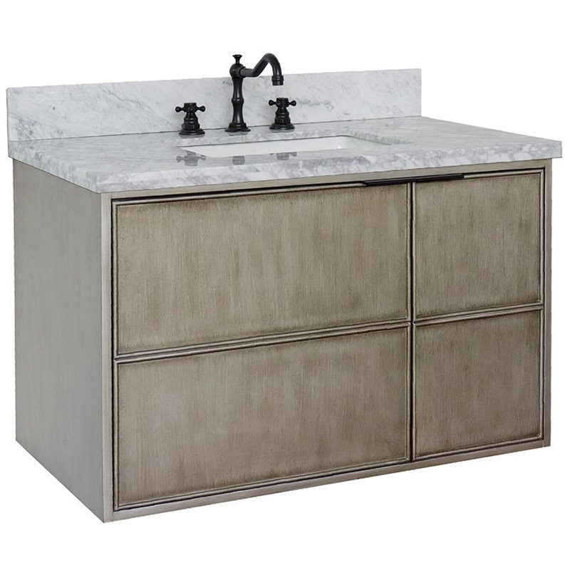 Scandi Solid Wood Wall Mount Rectangle Sink Vanity with White Top in Brown