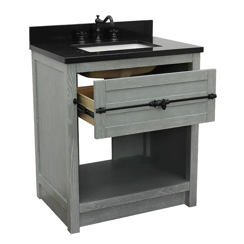 Plantation Solid Wood Single Rectangle Sink Vanity in Gray Ash/Black Galaxy