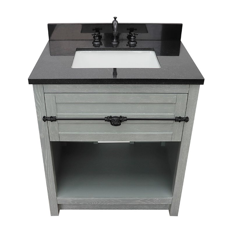 Plantation Solid Wood Single Rectangle Sink Vanity in Gray Ash/Black Galaxy