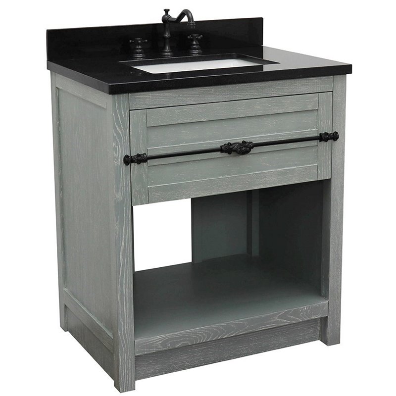 Plantation Solid Wood Single Rectangle Sink Vanity in Gray Ash/Black Galaxy