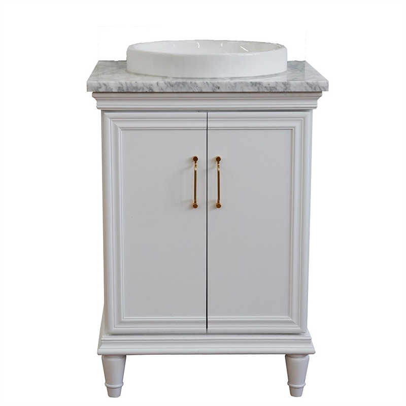 25 in. Single Wooden Vanity  White with White Carrara Round Sink