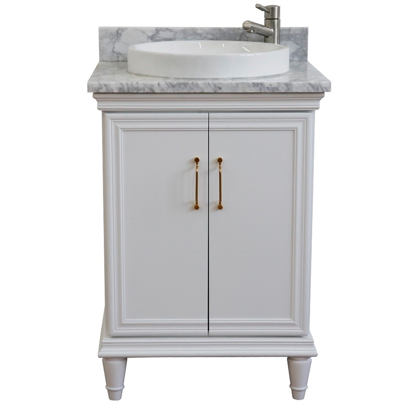25 in. Single Wooden Vanity  White with White Carrara Round Sink