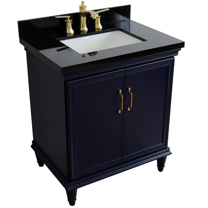 31 in. Single Wooden Vanity  Blue with Black Galaxy Rectangle Sink
