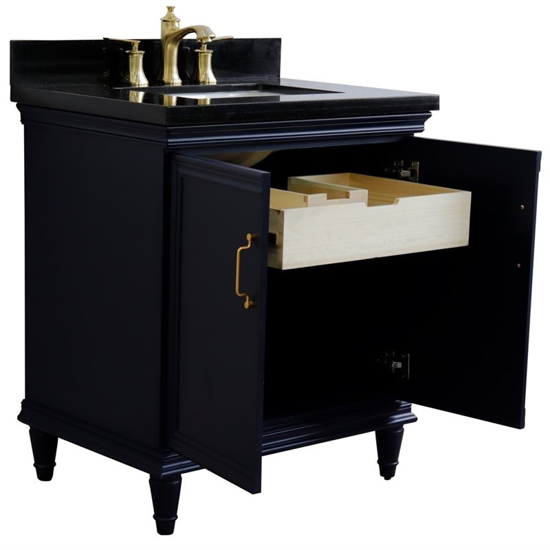 31 in. Single Wooden Vanity  Blue with Black Galaxy Rectangle Sink