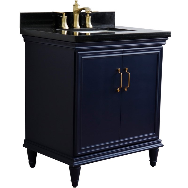 31 in. Single Wooden Vanity  Blue with Black Galaxy Rectangle Sink