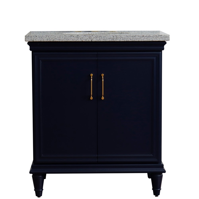 31 in. Single Wooden Vanity  Blue with Gray Granite Oval Sink